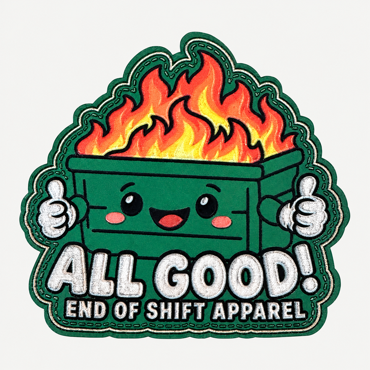 All Good dumpster fire morale patch, front view on a clean neutral background