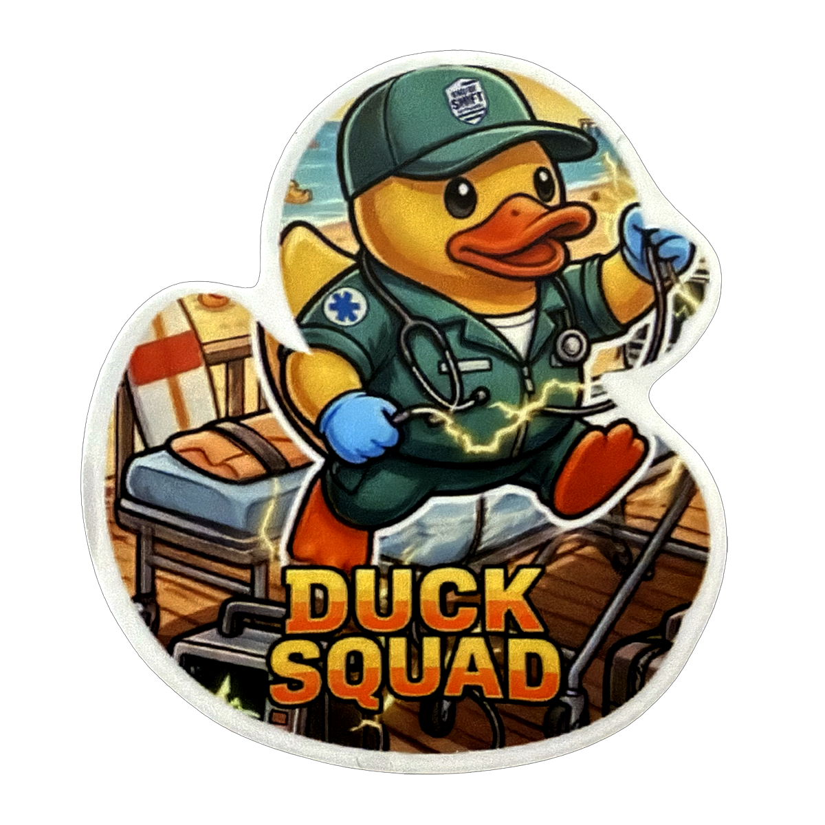 End of Shift Apparel Duck Squad EMS rubber duck vinyl sticker featuring a paramedic duck with a stethoscope.
