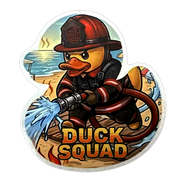 End of Shift Apparel Duck Squad firefighter rubber duck vinyl sticker spraying water on a beach scene