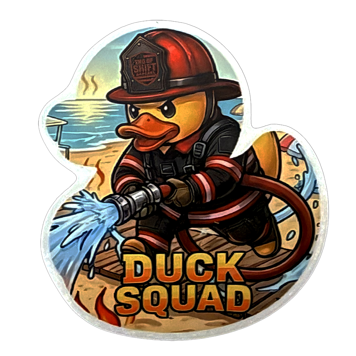 End of Shift Apparel Duck Squad firefighter rubber duck vinyl sticker spraying water on a beach scene