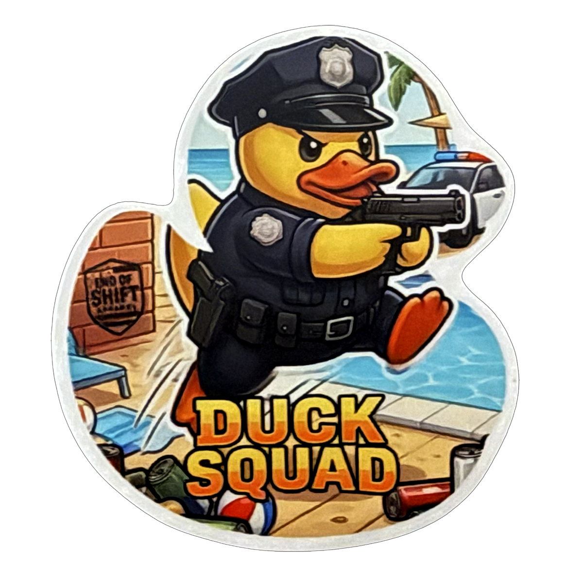 End of Shift Apparel Duck Squad vinyl sticker featuring a tactical police officer rubber duck on summer patrol