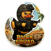 End of Shift Apparel Duck Squad tactical rubber duck vinyl sticker featuring a soldier duck with rifle in desert setting