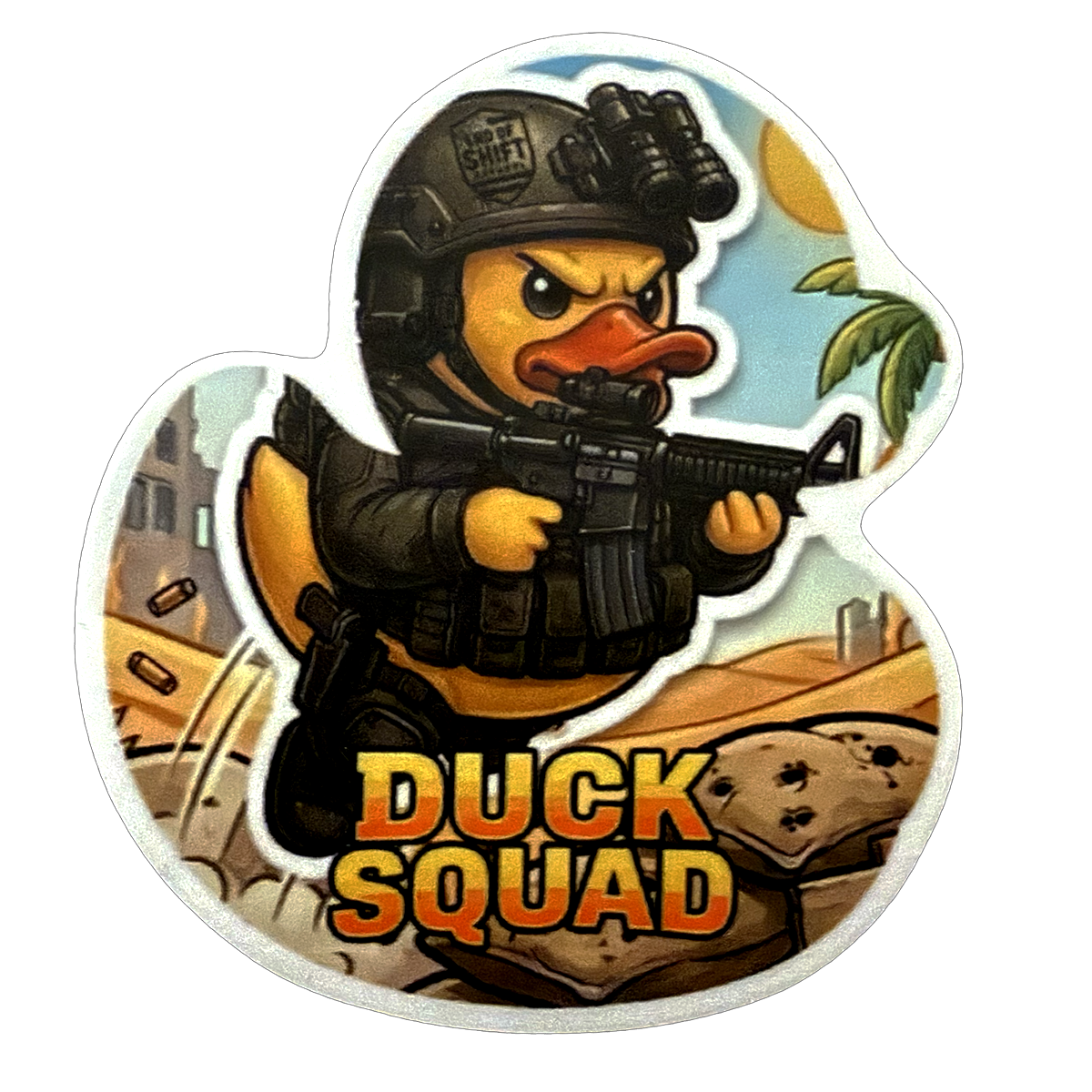 End of Shift Apparel Duck Squad tactical rubber duck vinyl sticker featuring a soldier duck with rifle in desert setting