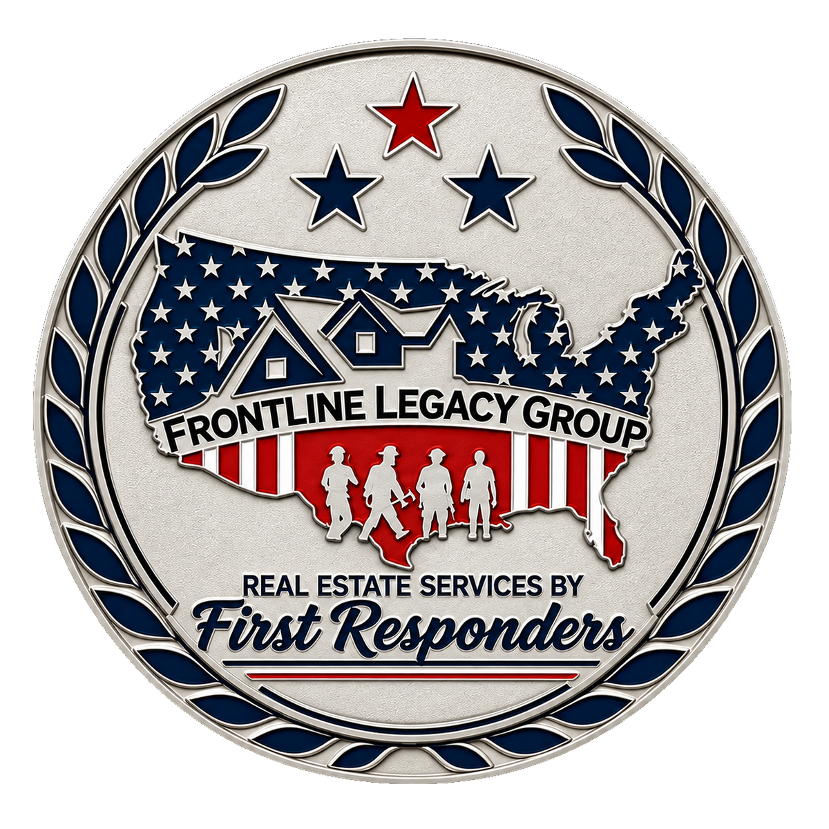 Frontline Legacy Group challenge coin front with a patriotic United States map, first responder silhouettes, stars, and laurel border.