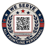 Frontline Legacy Group challenge coin reverse with the verified QR code, website, and We Serve All Frontline Personnel lettering.
